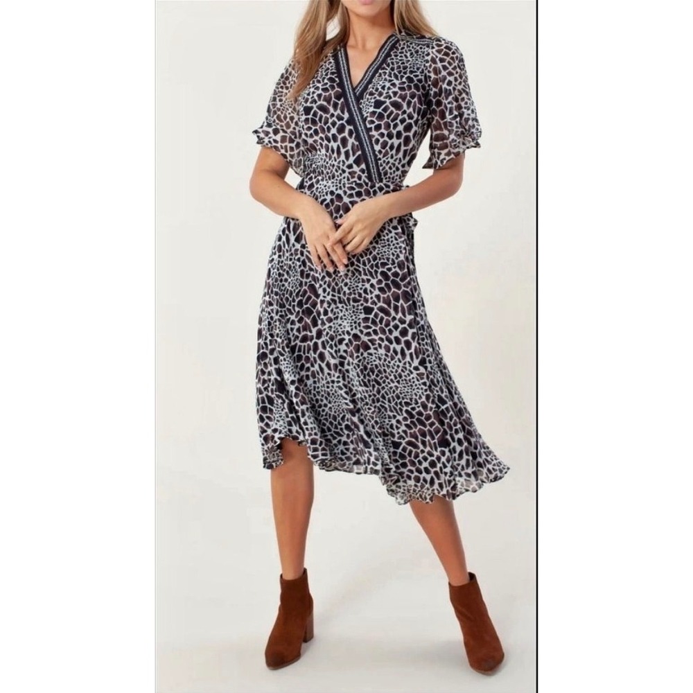 Hale Bob Leigh Animal Print Georgette Wrap Midi Dress XS‎